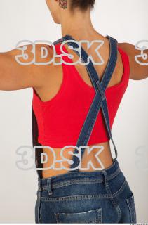 Upper body modeling pose blue jeans red singlet of Rebecca…